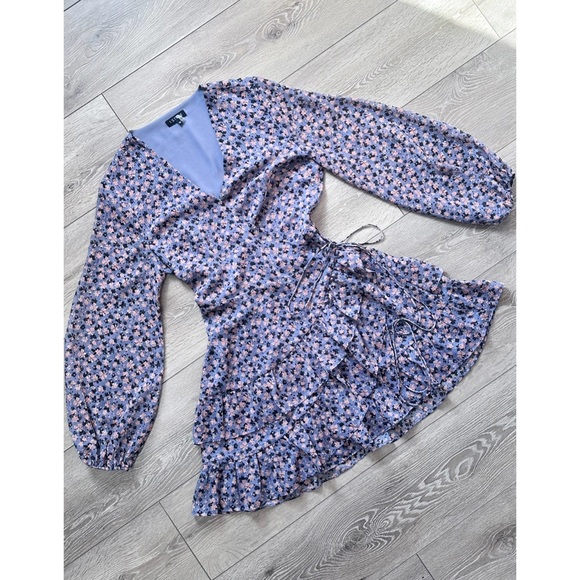 1. State Floral Ruffle Balloon Sleeve Mini Wrap Dress - Picture 3 of 16